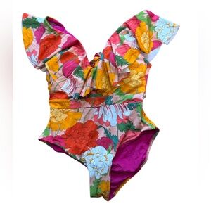 Trina Turk Floral One Piece Swimsuit |Ruffle Shoulder|Bright Bold Tropical Print